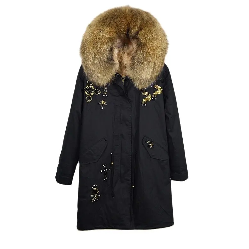 

Stylish Beading Coat Black Long Style Parka With Natural Color Fox Fur Lining For Men And Women