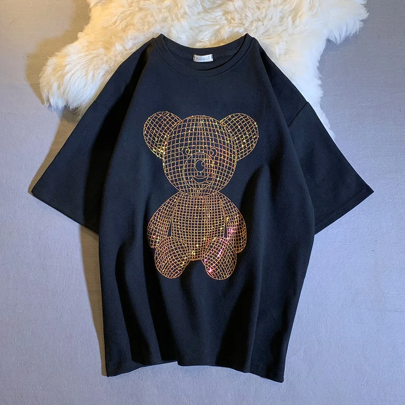Women's Shirt Heavy Industrial Loose T-shirt Hot Drilling Bear 2022 Summer Fashion Black and White T-shirt Half Sleeve T-shirt
