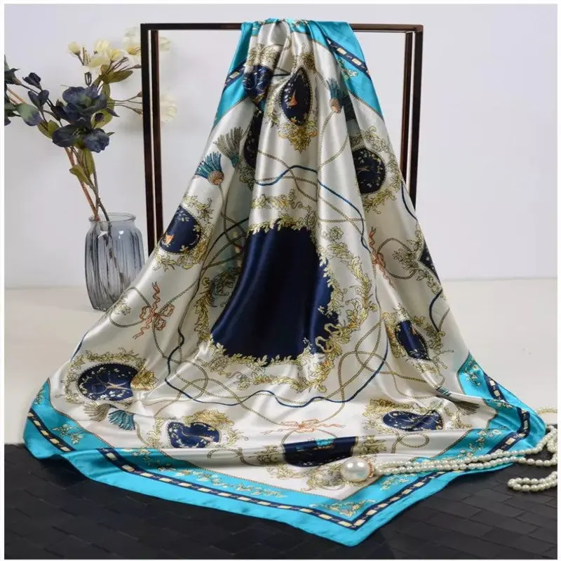 90*90cm Women Silk Scarf Euro Green Square Head Scarves Wraps Luxury Brand Quality Female Foulard Satin Shawls Wraps muffler