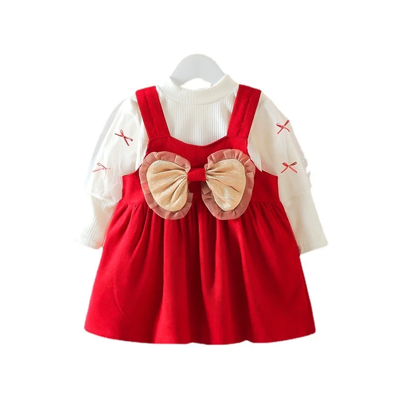 

Girls Spring Dress 2022 New Style Fashion Long-Sleeved Bowknot Children's Floral Skirt 2-Piece Set