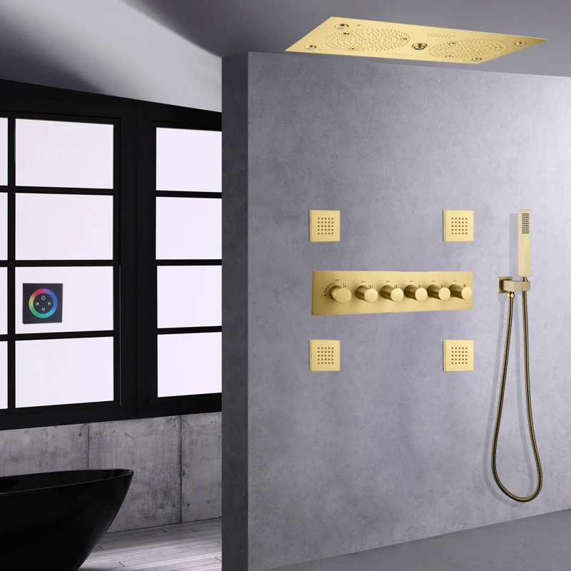 Luxury Brushed Gold Thermostatic Shower Head Set 620*320mm LED Bathroom With Music Features Massage Shower Nozzle