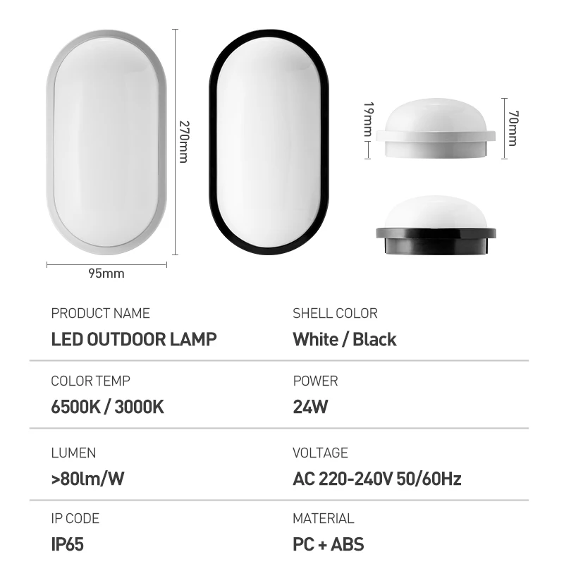 Waterproof Outdoor LED Wall Lamp Moisture Proof Dust Proof Indoor LED Ceiling Lamps 24W Surface Mounted Oval Wall Lights IP65