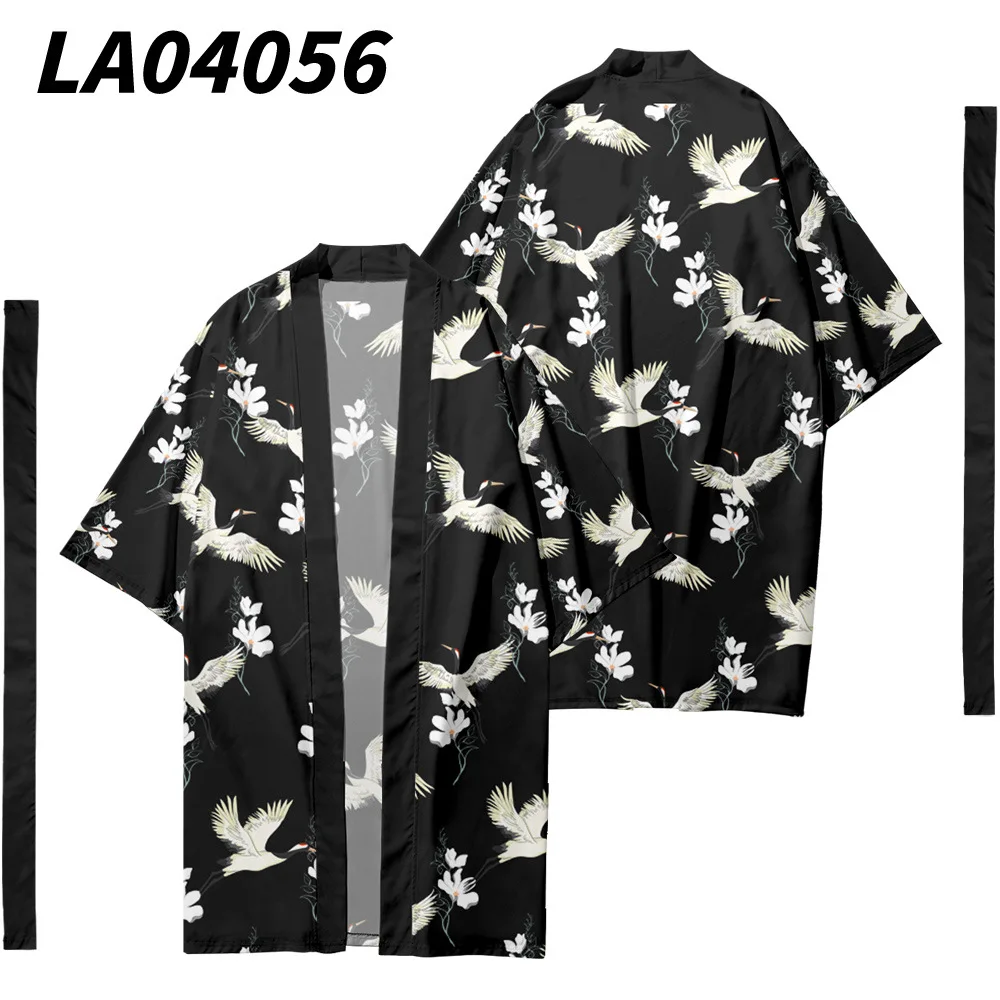 Japońskie Kimono czarny nadruk żurawia sweter z paskiem mężczyźni kobiety lato Haori samuraj Streetwear koszula Kimono Haori Yukata