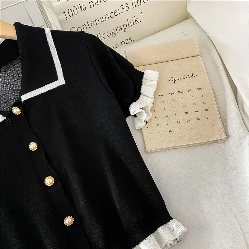 Shirts Women Sweet Design Ruffles Button Peter Pan Collar Blouses French Style Panelled Short Sleeve Knitted Crop Tops Girlish