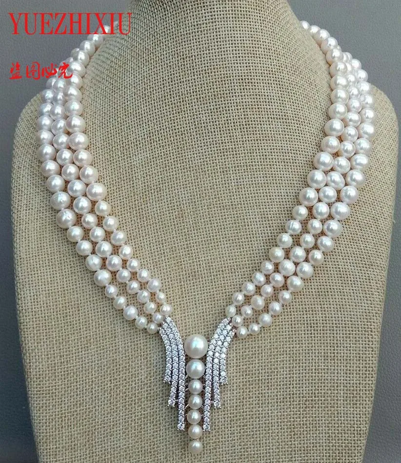 

18" 3 Strands 7-9mm Cultured White freshwater Pearl Necklace inlay zircon Pave Pendant fine jewelry