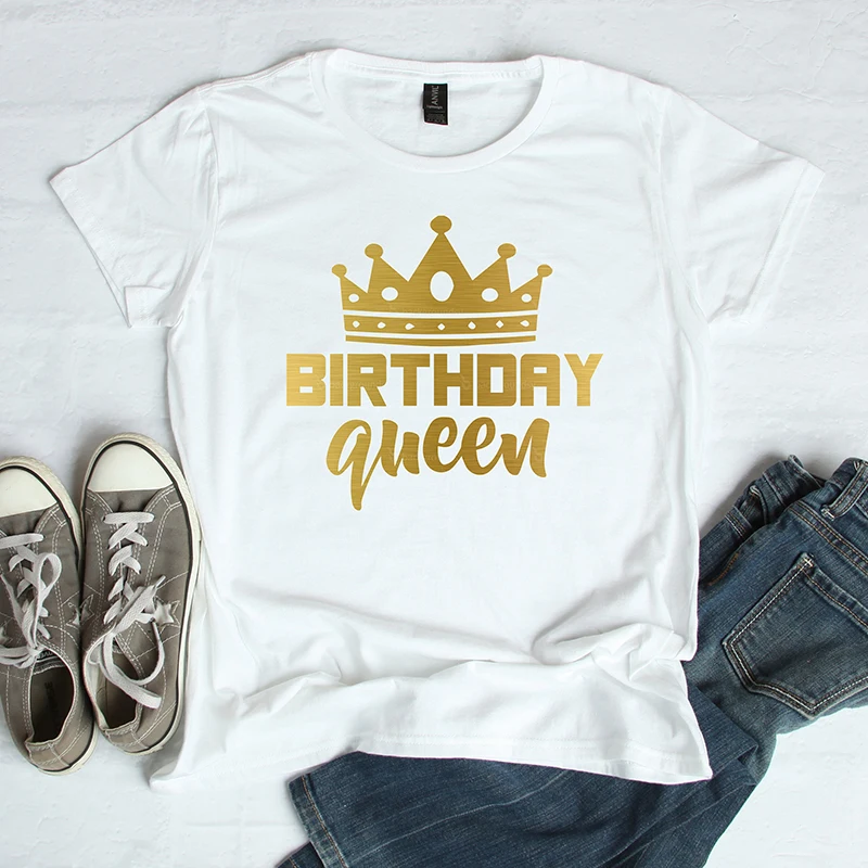 Verjaardag Koningin Brief Print Vrouwen Korte Mouw T-shirt Katoen Causale Grafische Tee Oversized Tops Verjaardagsfeestje T-shirt Voor meisjes