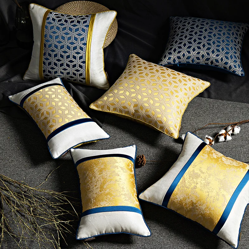 

New Chinese Style Jacquard Patchwork Cushion Covers High-grade Yellow Blue Pillowcases Modern Simplicity Waist Pillow Covers