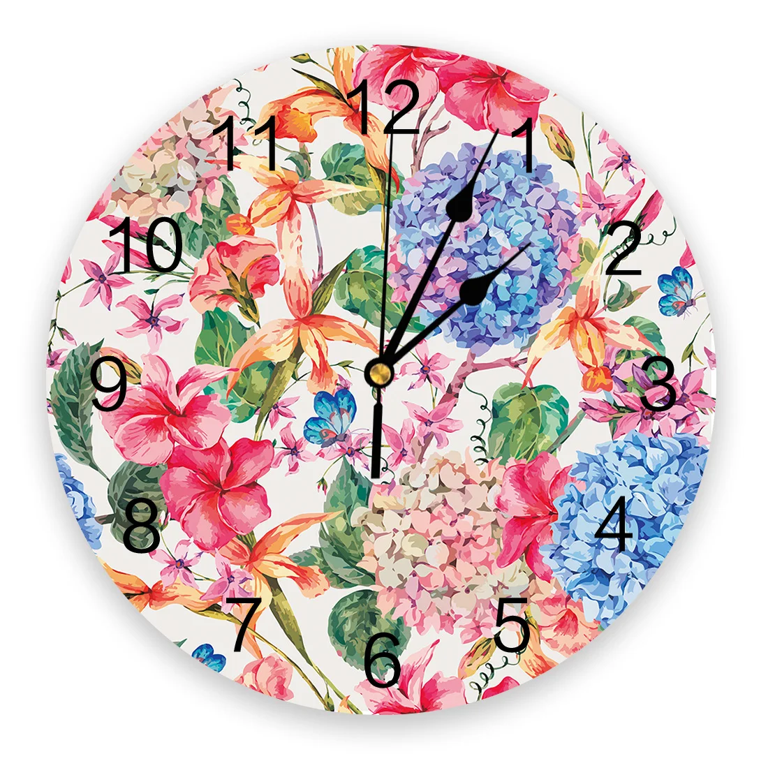 Spring Flower Butterfly Hydrangea Print Wall Clock Wall Art Silent Non ticking Round Wall Watch for Home Decortaion Best Gift