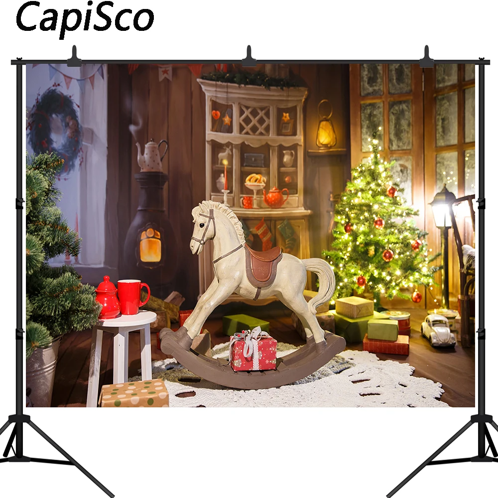 Capisco Christmas Photography Background Xmas Tree Toy Gift Trojan Horse Backdrop window Decoration Banner Photo Studio props