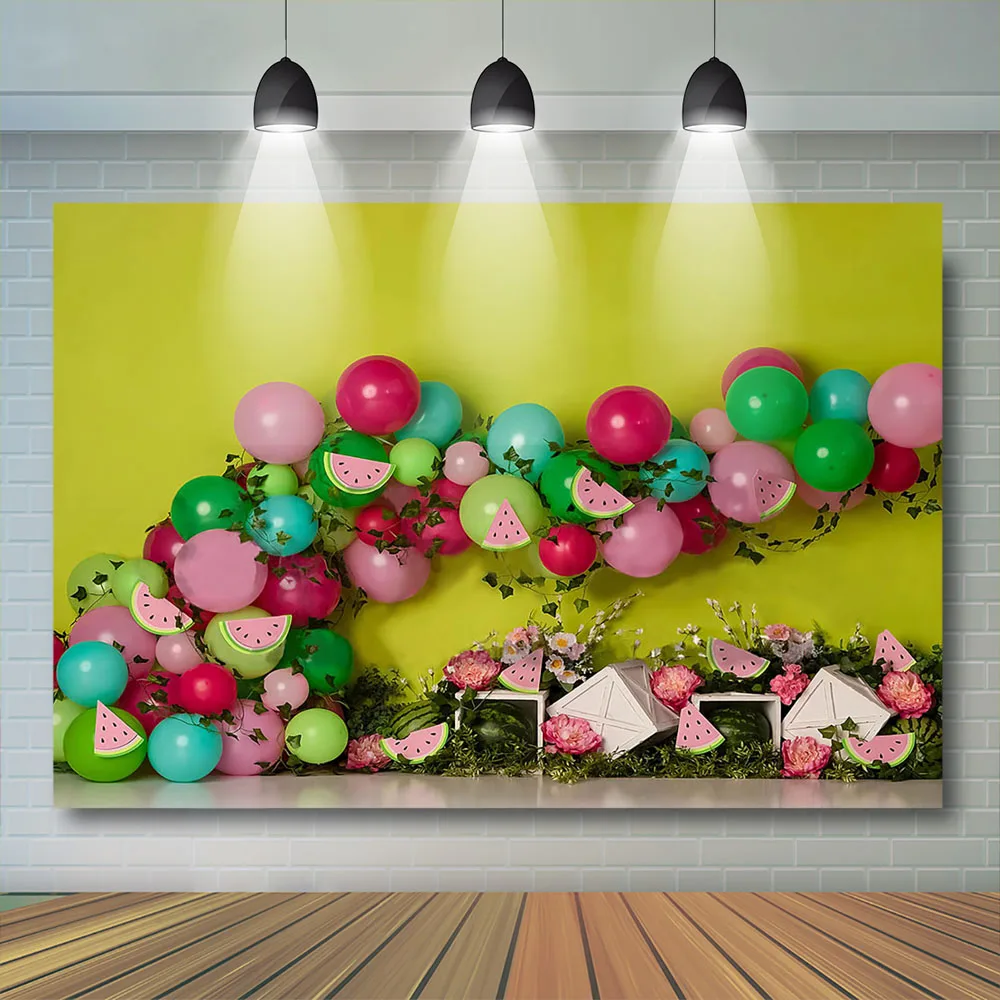 

Balloons Watermelon Cake Smash Kids Backdrop 1st Birthday Decorion Spring Newborn Yellow Wall Background Vinyl Props Photostudio