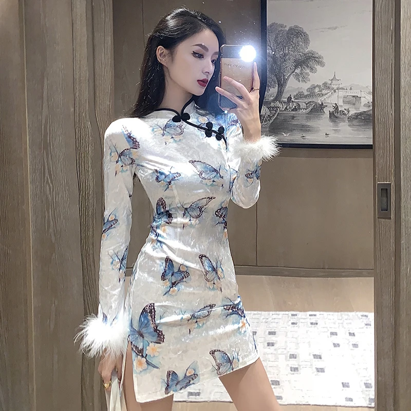 

Chinese Dress White Sexy Qipao Dresses Cheongsam Dress Golden Velvet Long Sleeve Retro Printed Cheongsams Mini Qipao Robe