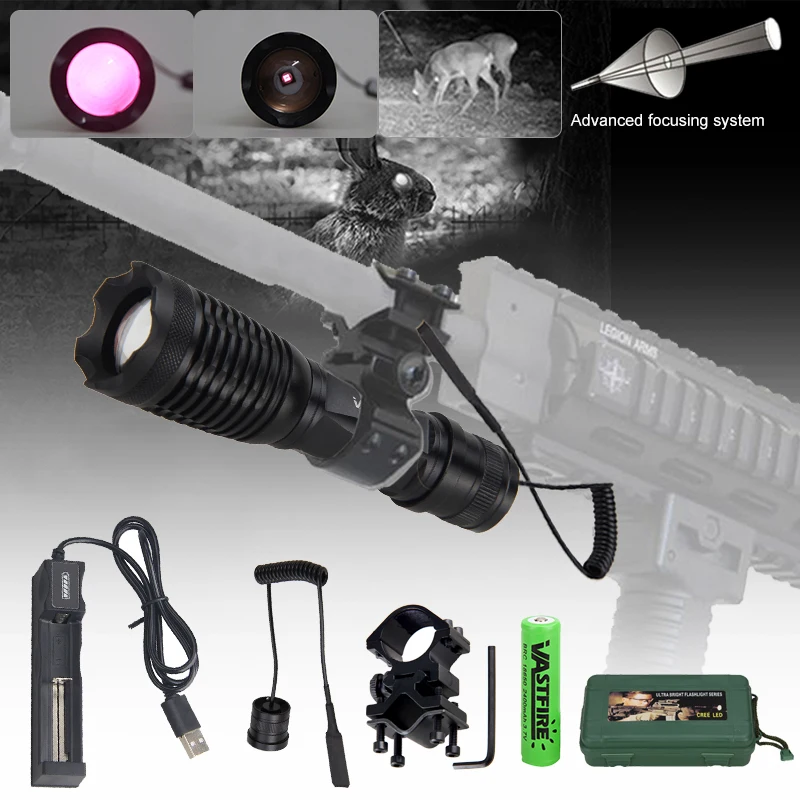 IR-710 Hunting Flashlight 7W Infrared Radiation IR 850nm Torch Night Vision Zoomable Focus Lantern+18650+Charger+Switch+Mount