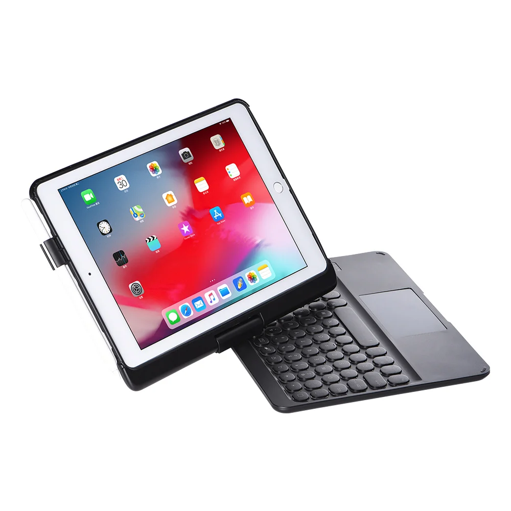 For iPad 9.7 2018 Smart 360 Swivel Rotating LED Backlit Wireless Bluetooth Touchpad Keyboard Case Stand Cover With Pencil Holder