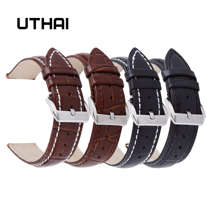 UTHAI Z20 Leather Watchband Crocodile Pattern Strap 14mm 16mm 18mm 20mm 22mm 24mm Silver Metal Buckle Clasp Women Men Watch band