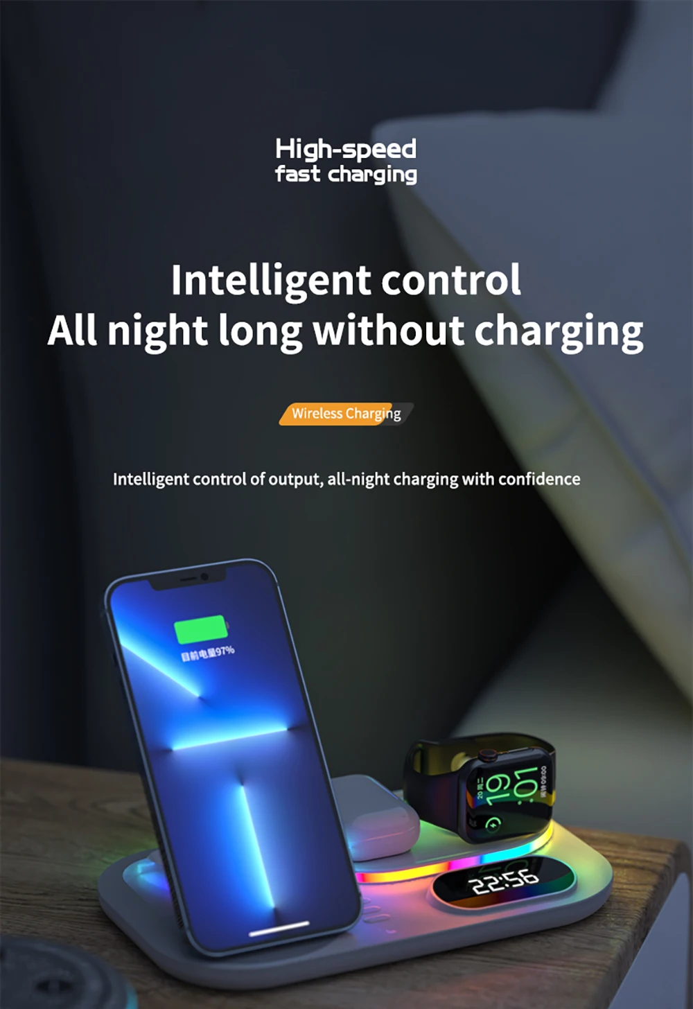 Kabelloses Ladegerät 4-in-1 Schnelle Kabellose Ladestation für iPhone 15 16 17 Pro Max Apple Watch Kabelloses Ladegerät mit Lampe und Uhr – Detail 16
