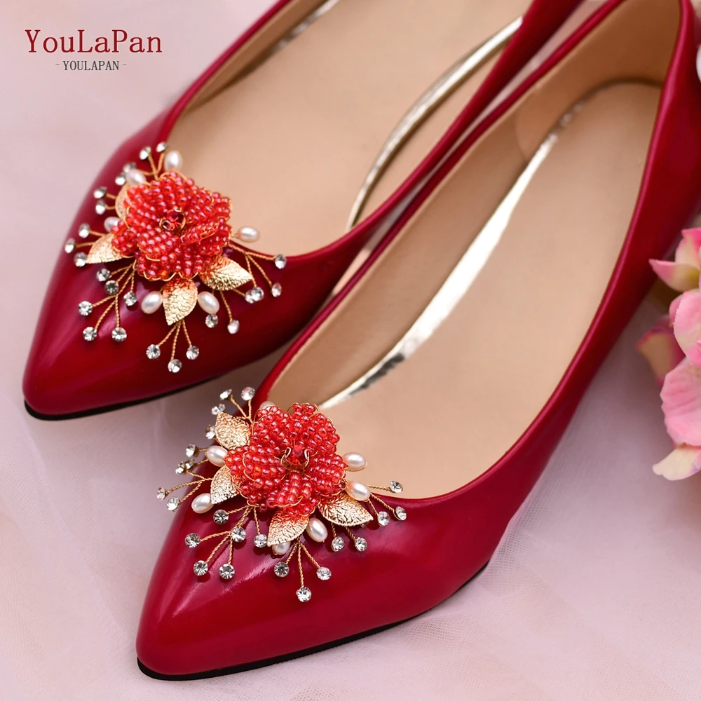 YouLaPan – accessoires de chaussures en strass pour femmes, lot de 2 pièces, breloques à Clip rouge, feuilles de mariage, cadeaux, boucle, X42