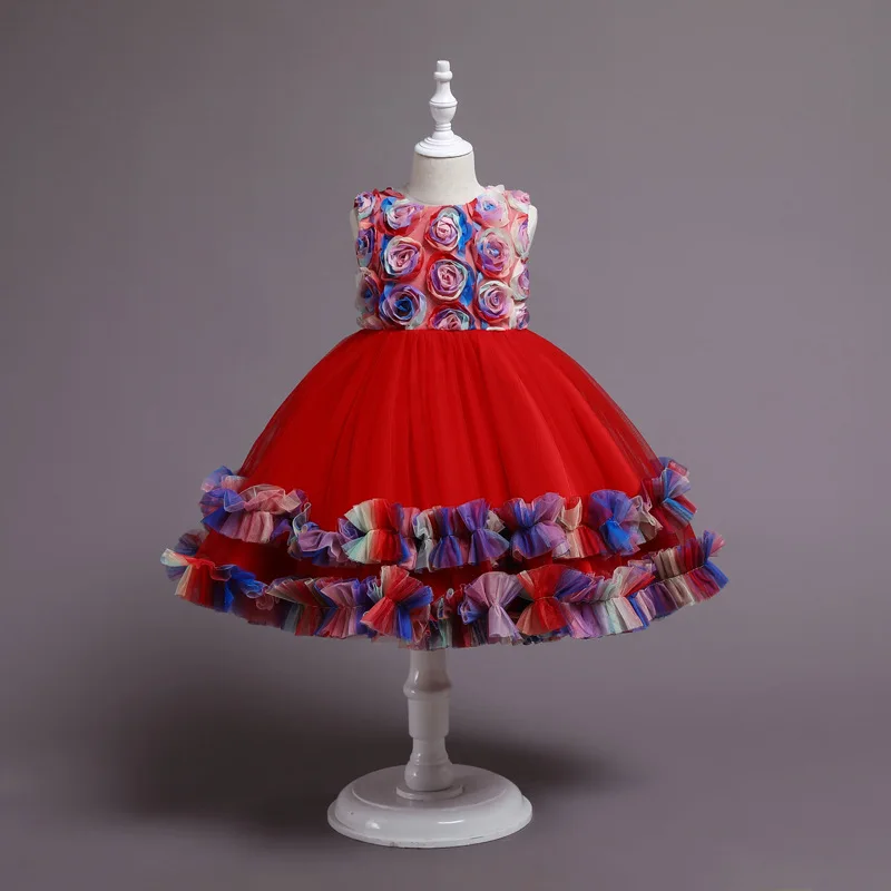 Vestido infantil de arco-íris com laço, vestido elegante de festa, casamento e primeira comunhão da sagrada