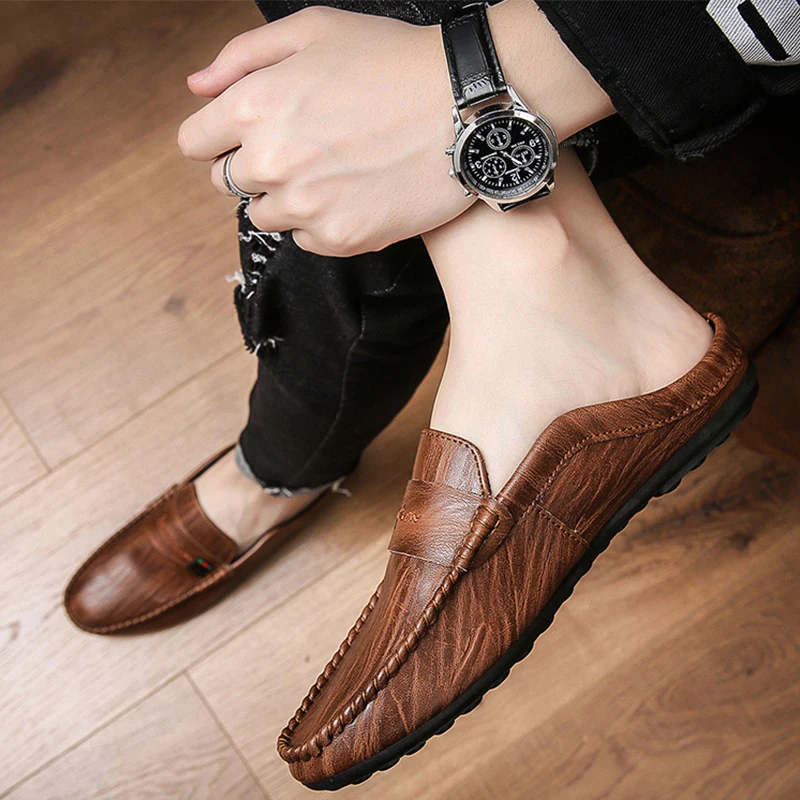 Italian Luxury Men\'s Slippers PU Leather Loafers Men Moccasins Casual Non-slip Man Shoes Summer Fashion Half Shoes For Men