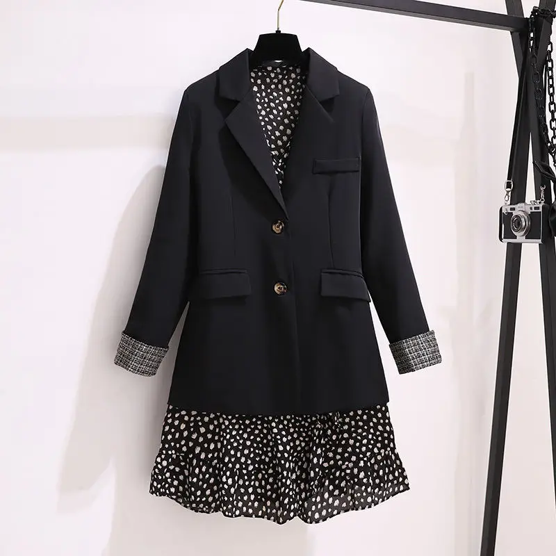 

Women Suits Large Size Korean Office Lady Spring Autumn Small Fresh Full Single Button Notched Knee-Length Coat 2 Pic Set Sweet