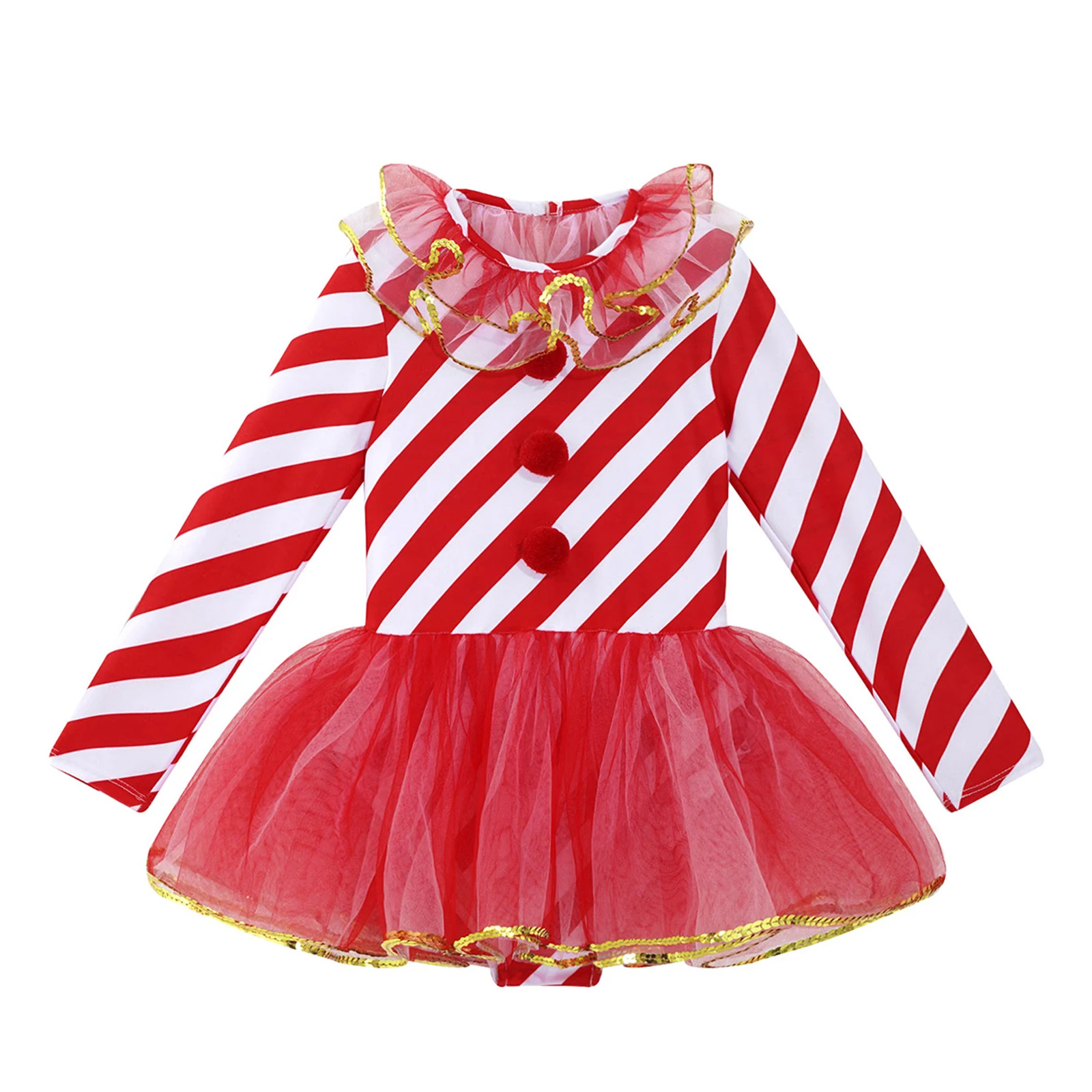 Kids Long Sleeves Striped Mesh Tutu Ballet Dancewear Figure Skating Dress Gymnastics Leotard Girls Performance Dance Costume