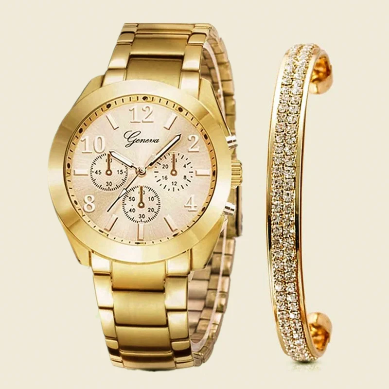 Watch+Bangle for Women 2pcs/set Bracelet Watches for Women Crystal Luxury Simple Gold Watch Jewelry Set Gift Relojes Para Mujer