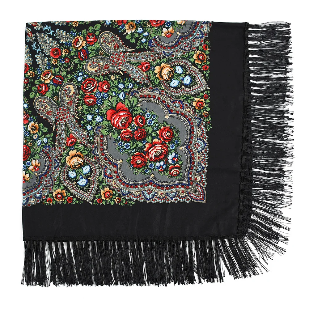 Scarf Winter Head Wrap Russian Fringed Square Women Retro Floral Pattern National Hijab Head Wraps Beach Travel Shawl Babushka