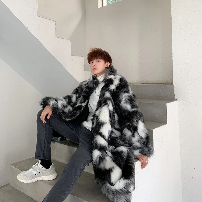 

Hop Hip Luxury Color Mixing Faux Fur Long Jacket Men Loose Zipper Winter Overcoat Fashion Streetwear Mens Outerwear Casual Coats