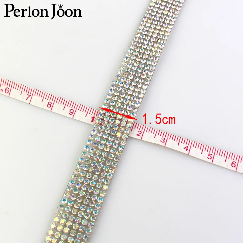 Rhinestone Tape Trim Ribbon Iron On Appliques For Dress Bag Arranged Motif AB Crystal Hot Fix Decoration For Shoes 1 Yard TR001