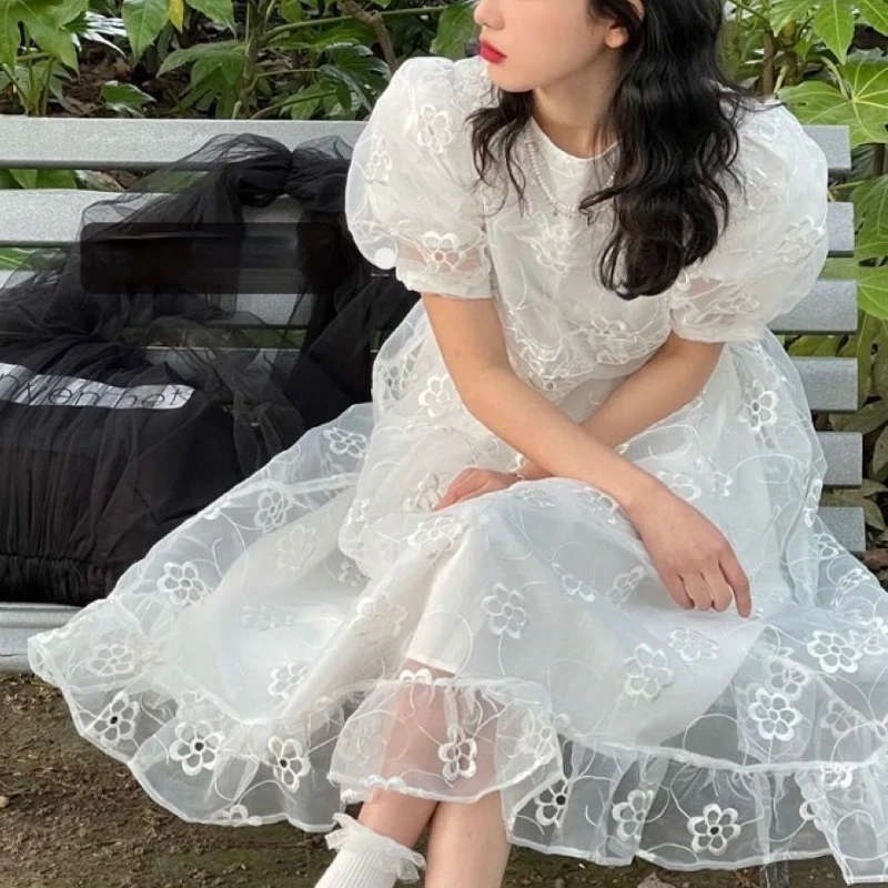 Summer Long Fairy Dress Women Sweet Mesh Hollow Out Designer Vintage Dress 2021 Elegant Korean High Waist Party Floral Dress