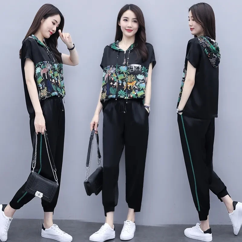 2024 New Pant Suit Women Summer Korean Ice Silk Suit Female Temperament Fashion Casual Short Sleeve Sportswear Sets Trend 411