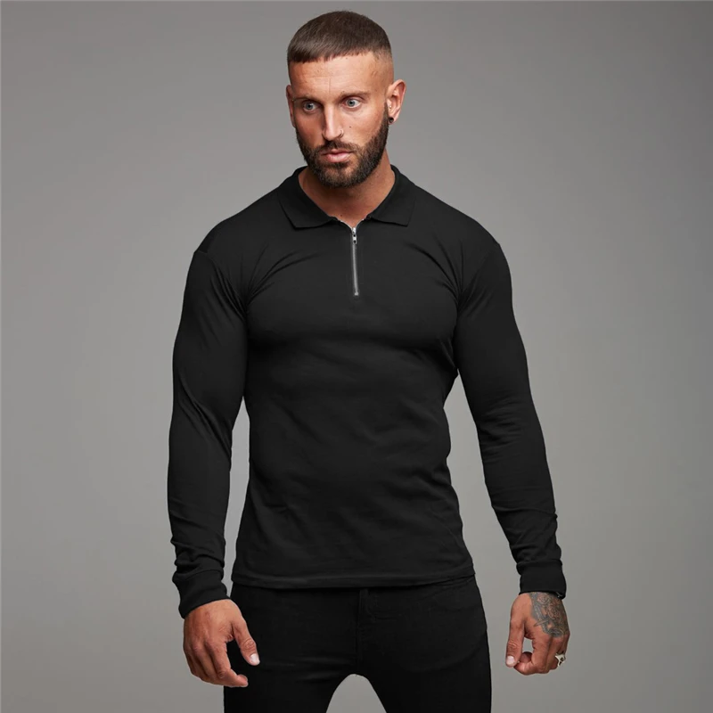 Fashion Men Polo Shirt Long Sleeve Solid Color Polo T Shirts Zipper Slim Turn-Down Collar Autumn Gym Bodybuilding Fitness Blouse