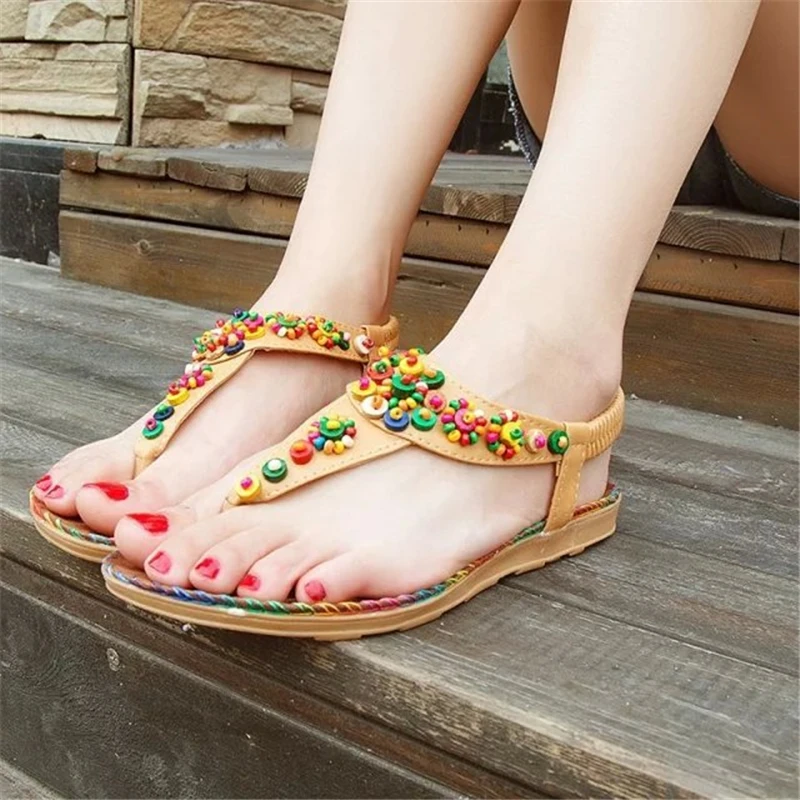 2024 Bohemian Women Sandals Beaded Slippers Summer Beach Sandals Women Flip Flops Ladies Flat Sandals Shoes