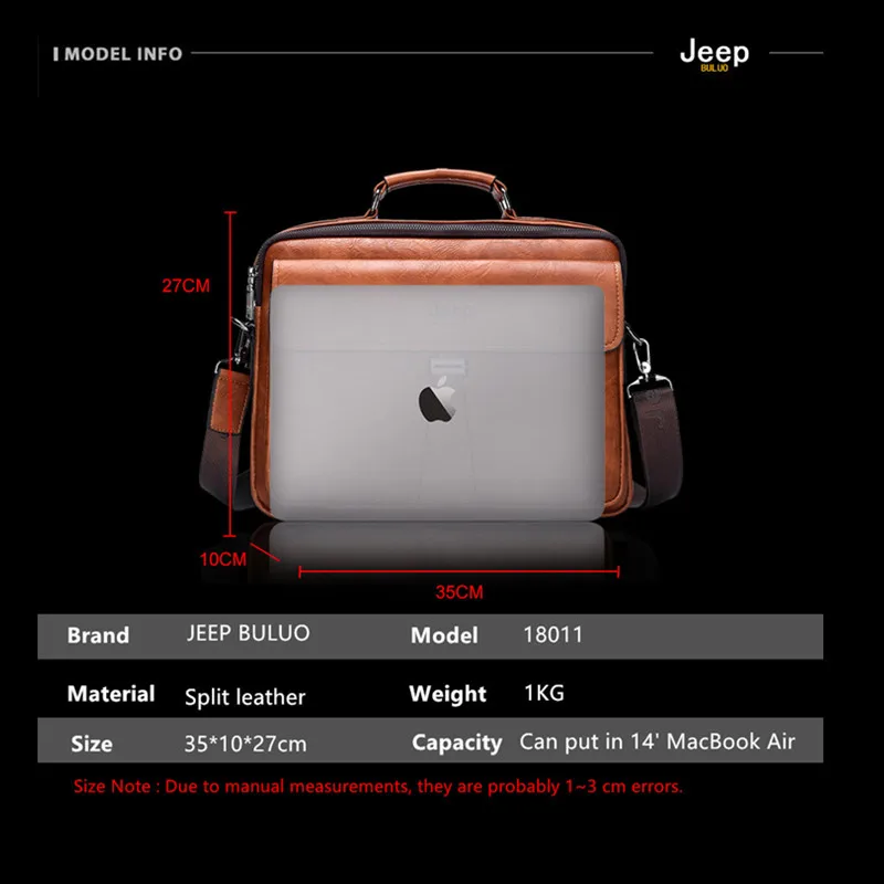 JEEP BULUO Men\'s Business Briefcase Laptop Bag Waterproof Split Leather Men Computers Handbags Man Shoulder Travel Bags