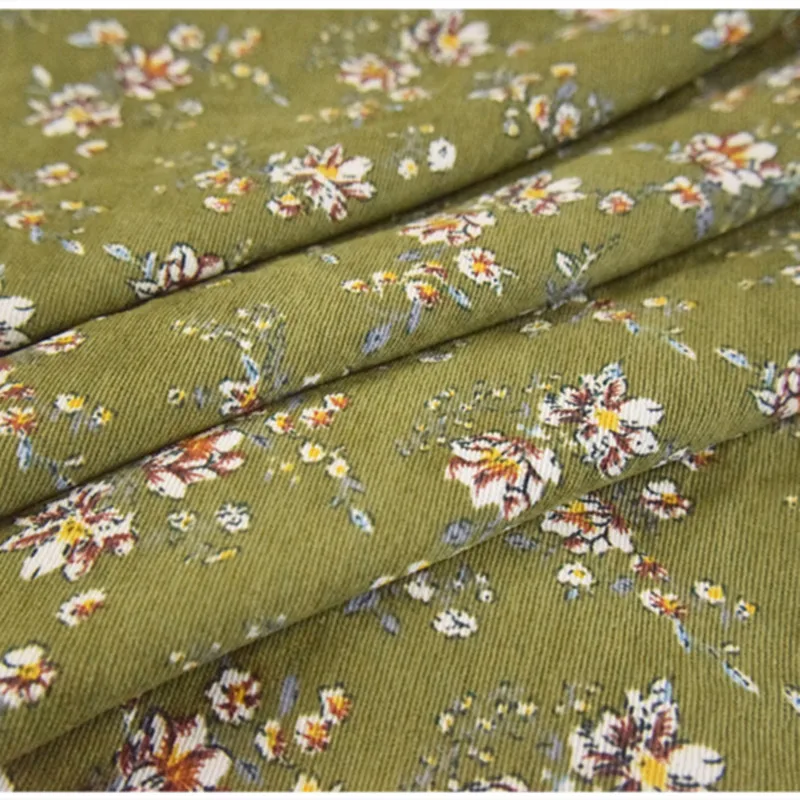 Half Meter Autumn Green Little Flower Print Cotton Corduroy Fabric For Cheongsam Trousers Girl Garment Material T1487