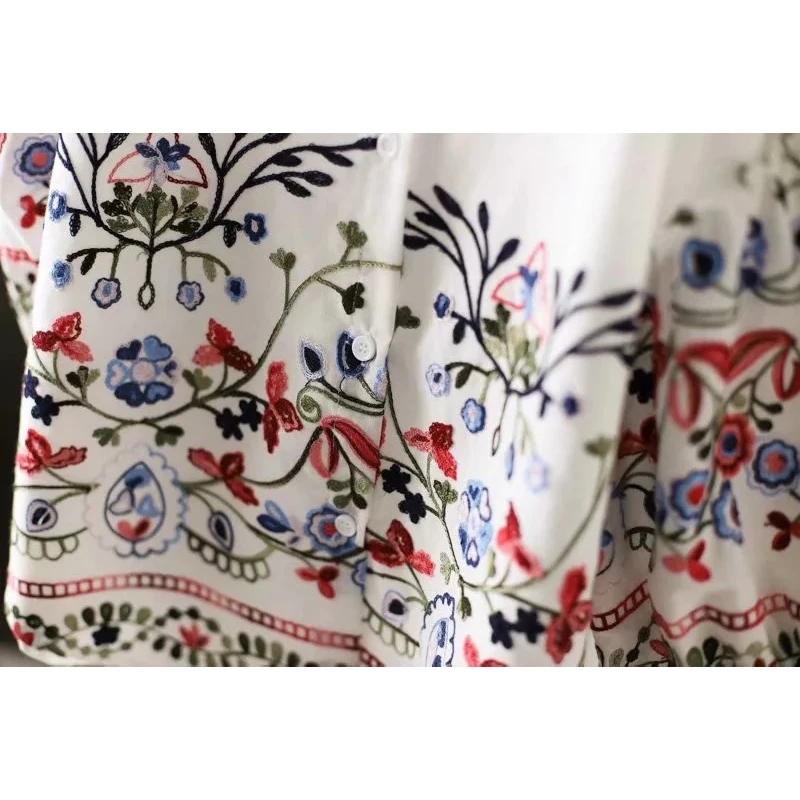 Autumn Women Floral Embroiderey Cotton White Shirt Puff Lantern Sleeve Elegant Loose Blouse Spring Office Lady Basic Tops T16401