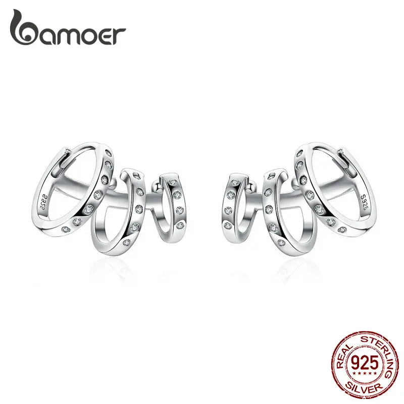 BAMOER Ohrstulpe aus echtem 925er-Sterlingsilber, Punk, dreifacher Kreis, Creolen für Frauen,