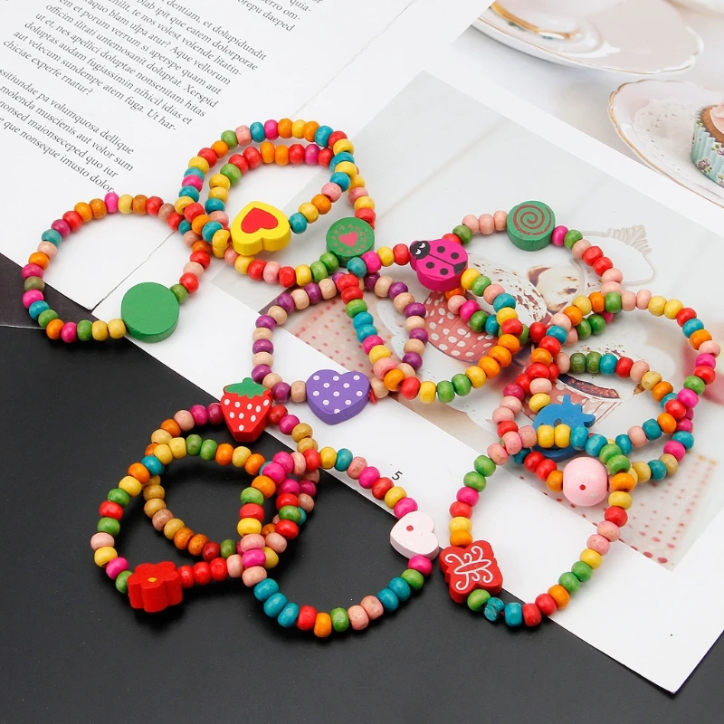 12Pcs Colourful Wooden Bracelets Little Girls Bracelets Kit Kids Fashion Jewelry