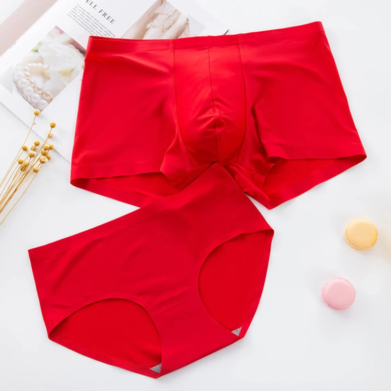 

2Pcs Hot Couple Underwear Ice Silk Panties Sexy Women Briefs Underpants High Quality Men Boxer Shorts Lovers Panty