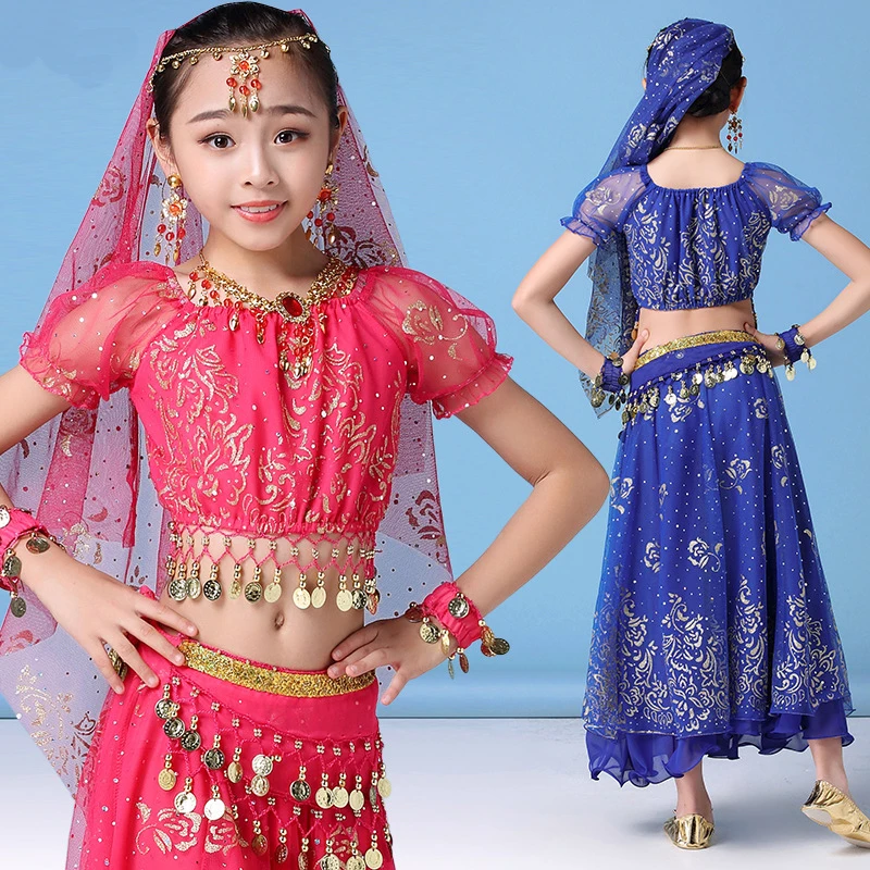 Children Indian Belly Dance Costume Girl Dress Bollywood Belly Dance 4Pcs/Set Performance Kids With Coins Accessories