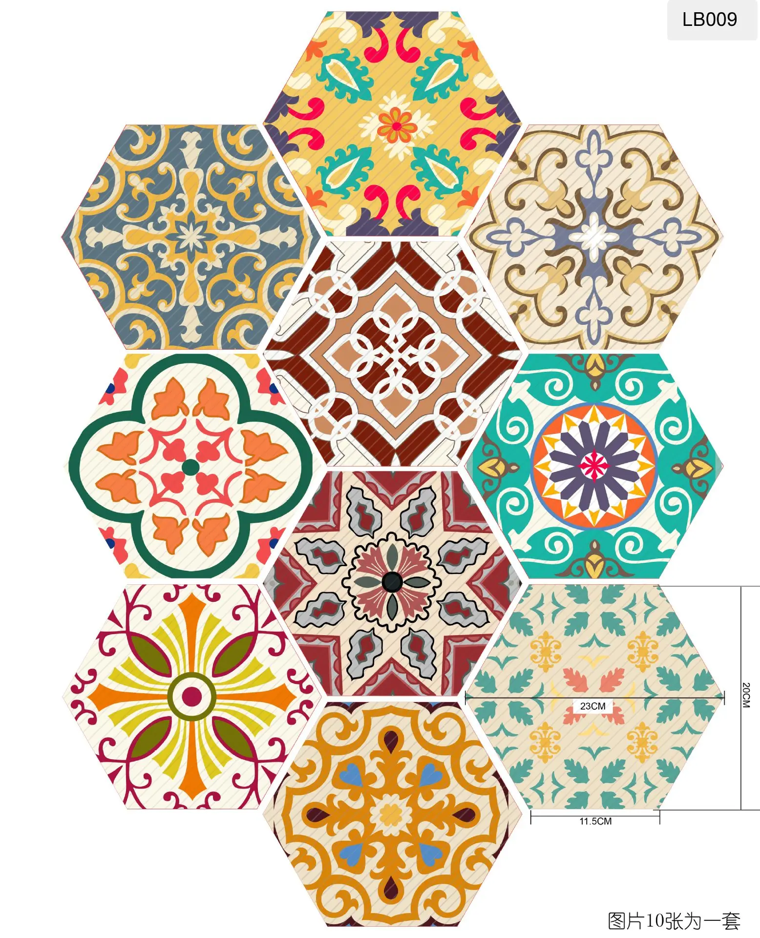 Pegatinas de azulejos de cerámica de estilo Mandala Hexagonal, autoadhesivo impermeable para pared de cocina y baño, Mural, pelar y pegar