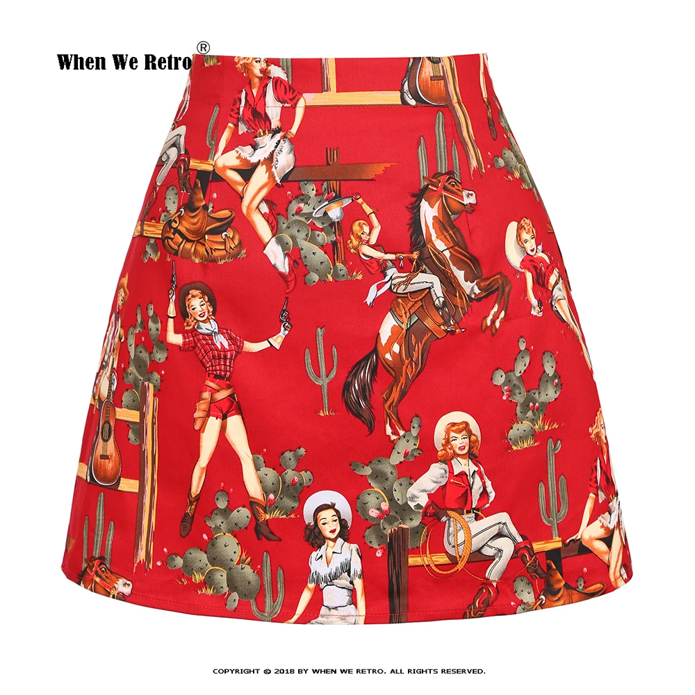 

Red Cowgirl Printed Retro Vintage Skirts SS0008 Sexy Women Gothic Cotton Mini Skirts Falda