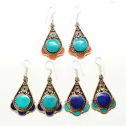 Tibetan Handmade Jewelry Copper Inlaid Drop Earring Multi Colors E104