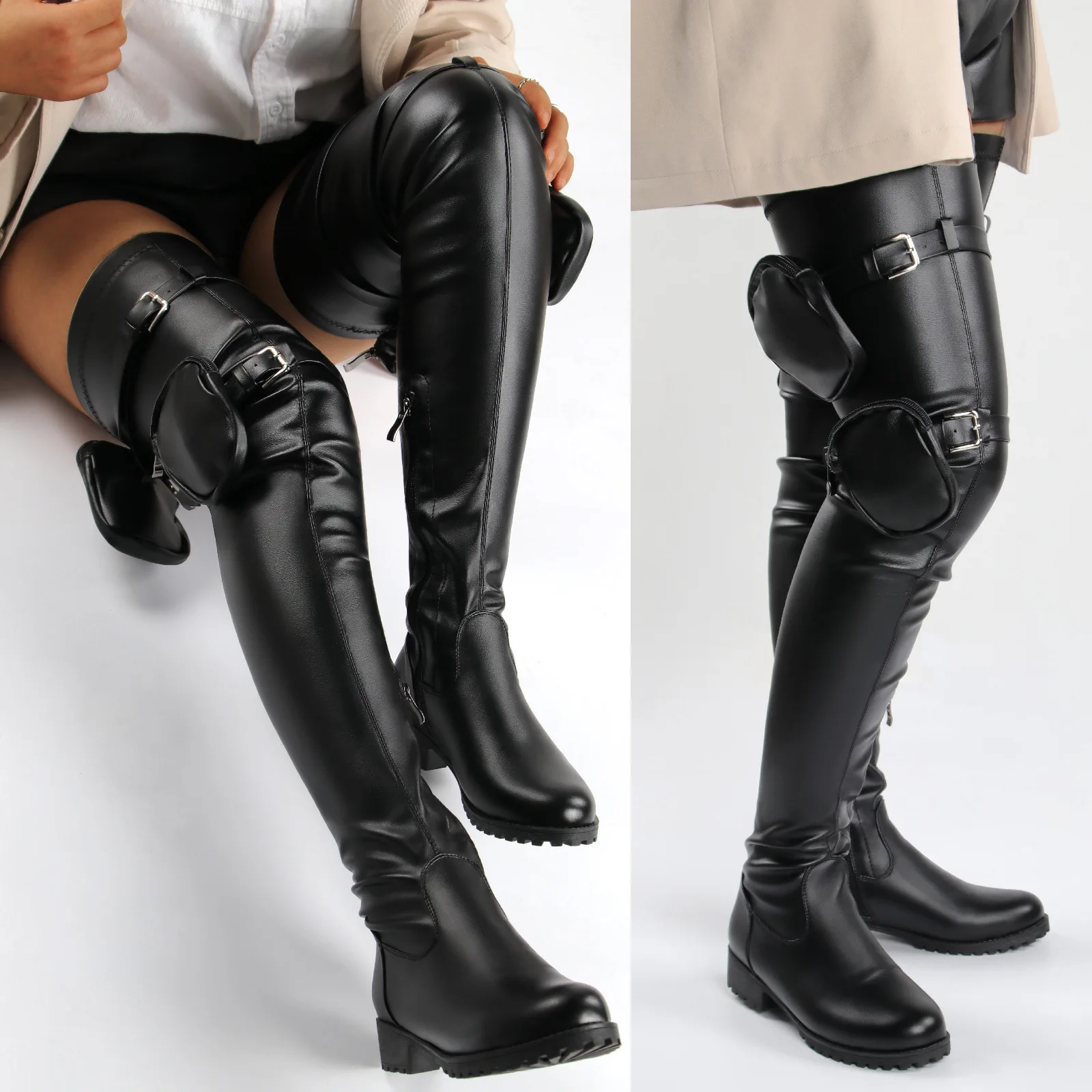 Fashion Bag Pocket Decoration Over The Knee Tall Boots Western Cowboy Bottes Black Leather Chunky Low Heels Knight Shoes Women
