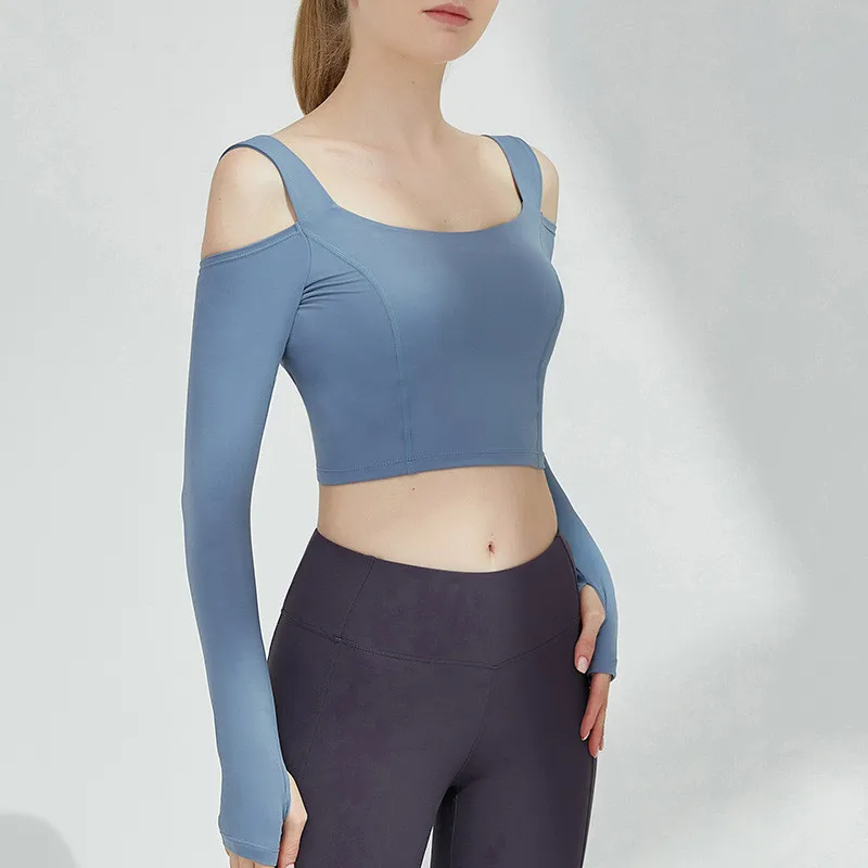 

Padded Gym Sport Long Sleeved Shirts Women Bowtie Beauty Back Yoga Fitness Crop Shirts with Thumb Holes off-the-shoulder