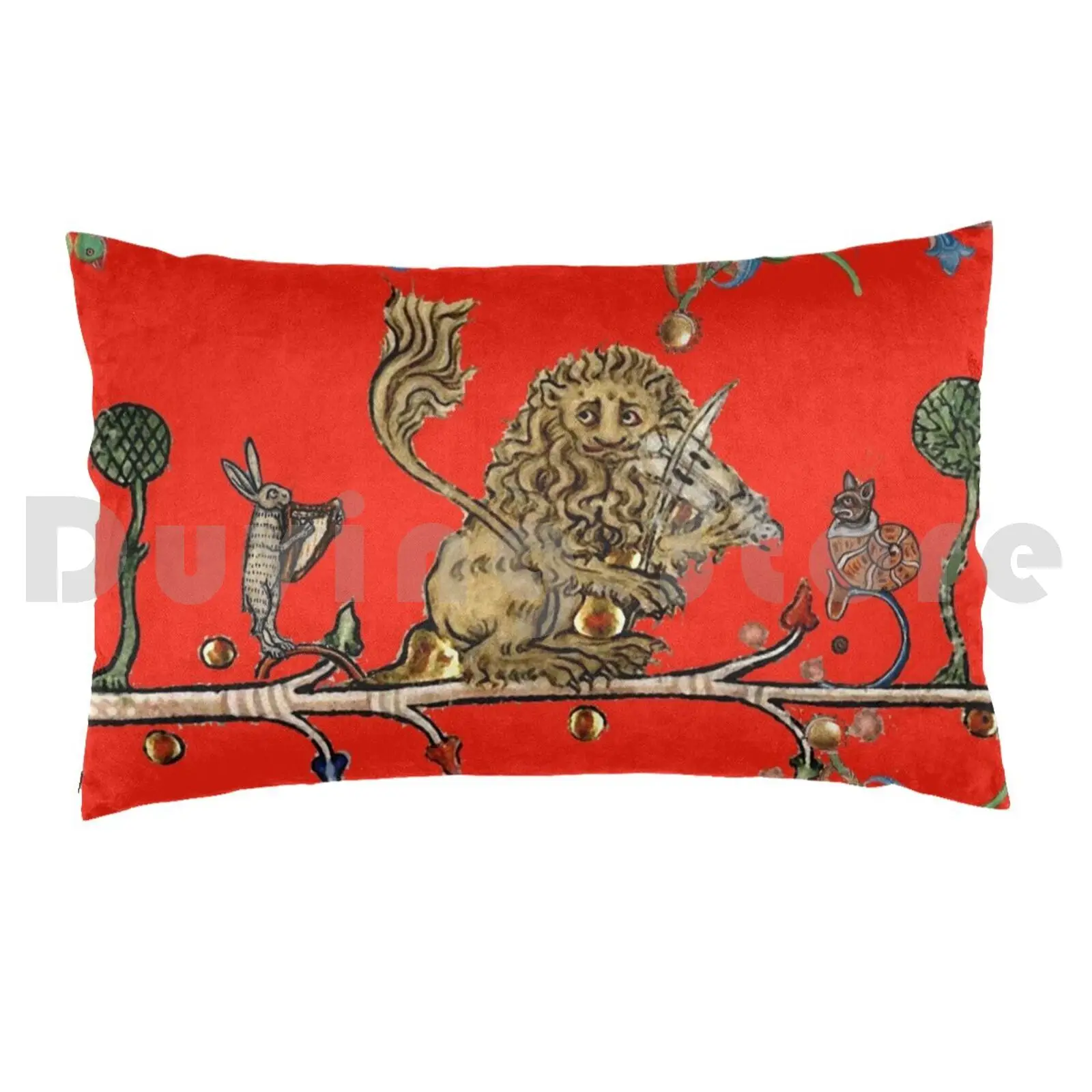 Weird Medieval Bestiary Making Music Violinist Lion , Hare Snail Cat In Royal Red Pillow Case Printed 35x50