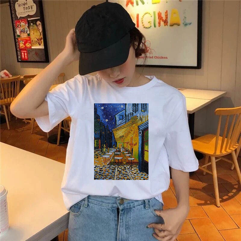 Women Summer Van Gogh Paint  Vintage Fashion Aesthetic White Basic T-Shirt  Cute Art Tee Hipster Grunge Top streetclothing