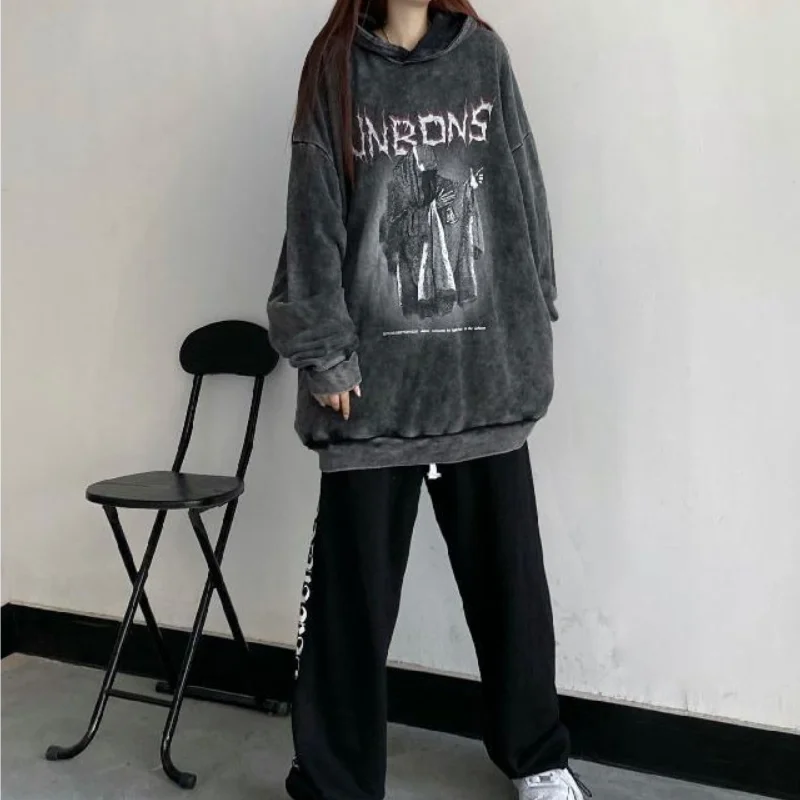 HOUZHOU Gothic Women Hoodie Aesthetic Vintage Dark Clothes Autumn 2021 Long Sleeve Thin Sweatshirt Oversized Y2k Streetwear