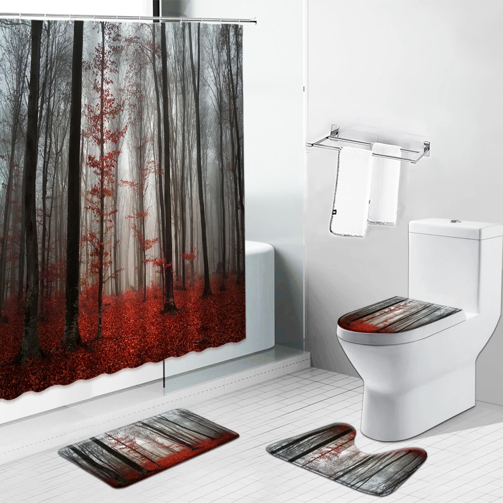 

Занавеска для душа Fog Forest, занавеска для ванной комнаты, фланелевые Нескользящие коврики с изображением красных деревьев, Листьев, ландшафта, для туалета