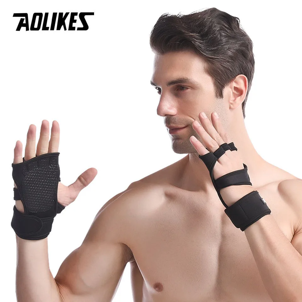 AOLIKES 1 Pair Gym Fitness Gloves Hand Palm Protector with Wrist Wrap Support Crossfit Workout Bodybuilding Power Weight Lifting