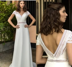 LSYX Bohemian Wedding Dress Lace A-Line Backless Floor Length Chiffon Court Train Bridal Gowns Short Sleeve Custom Made Robe De